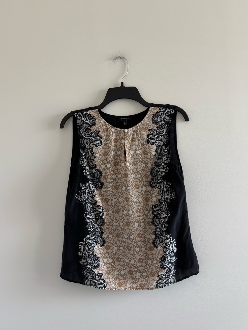 Talbots Blouse Silk Sleeveless Shell Black Beige Print Women 6 Elegant Office